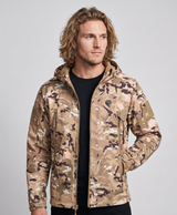 Studio photo of a man in a tan hooded heated jacket, front and back views with seven glowing heat panels shown