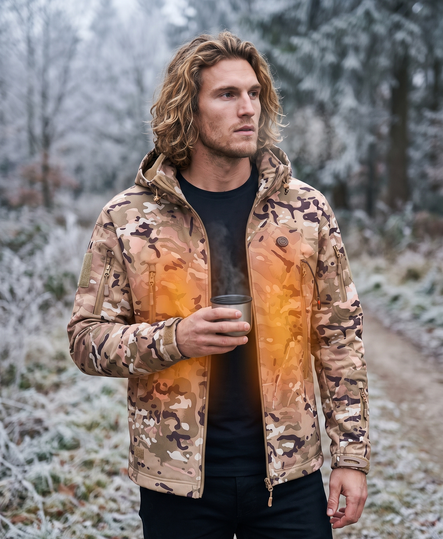 Man wearing a tan men's heated hooded jacket with the hood up, holding a power bank connected to the jacket