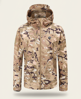Tan men's hooded fleece-lined heated jacket, front view on a plain background with zippered pockets and chest button