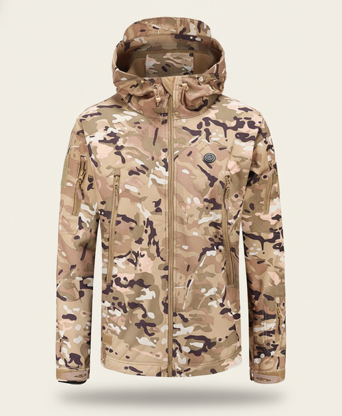 Tan men's hooded fleece-lined heated jacket, front view on a plain background with zippered pockets and chest button