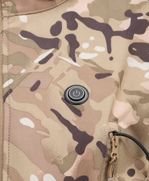Close-up of the chest power button and zippered front pocket with USB cable on the tan heated jacket