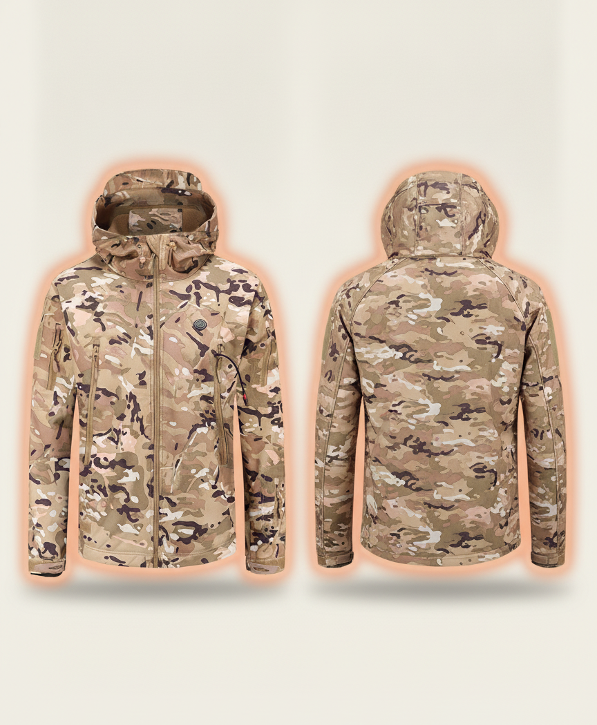 Tan heated jacket showing seven heating panels across the lower front, upper back, lower back and both sleeves