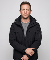 Men's black heated jacket with hood, seen from the back, studio product photo
