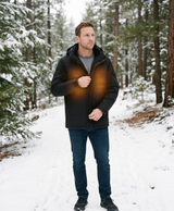 Men's black hooded heated jacket with chest pockets, zipped front and lined interior