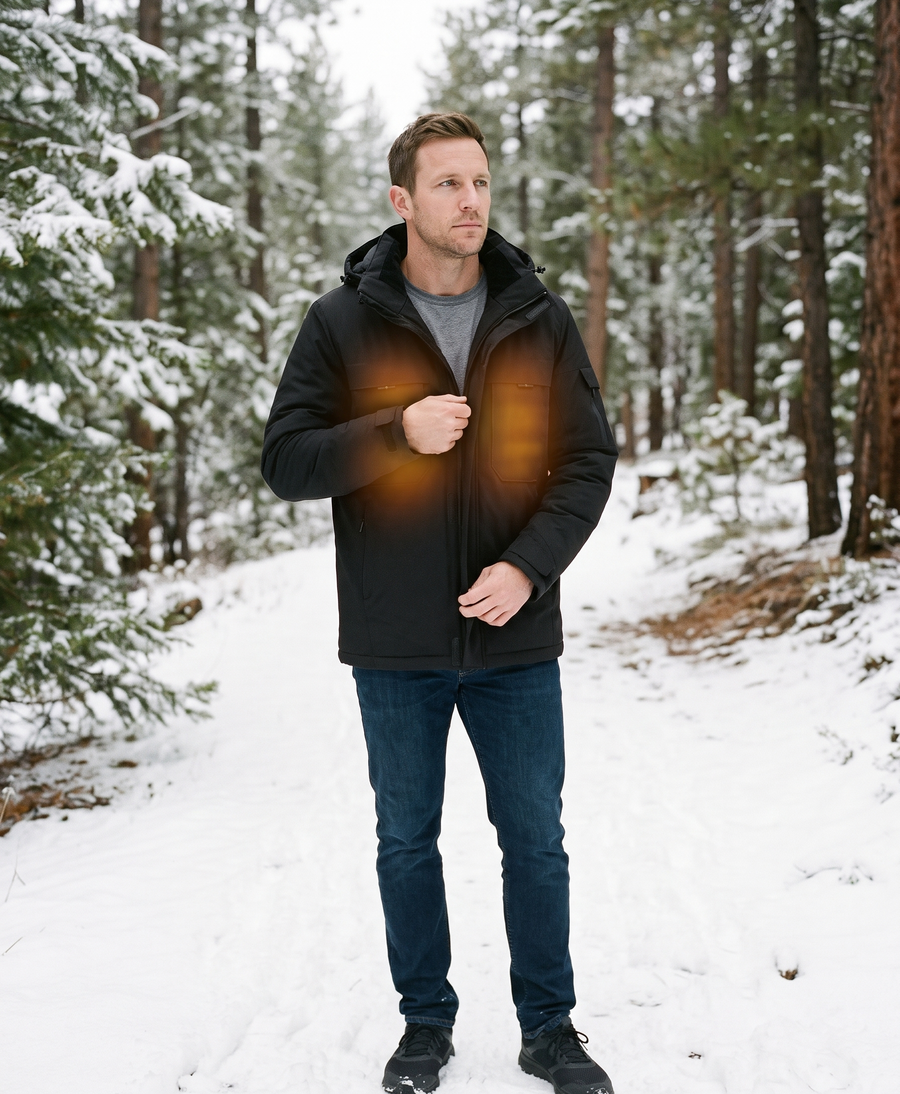 Men's black hooded heated jacket with chest pockets, zipped front and lined interior