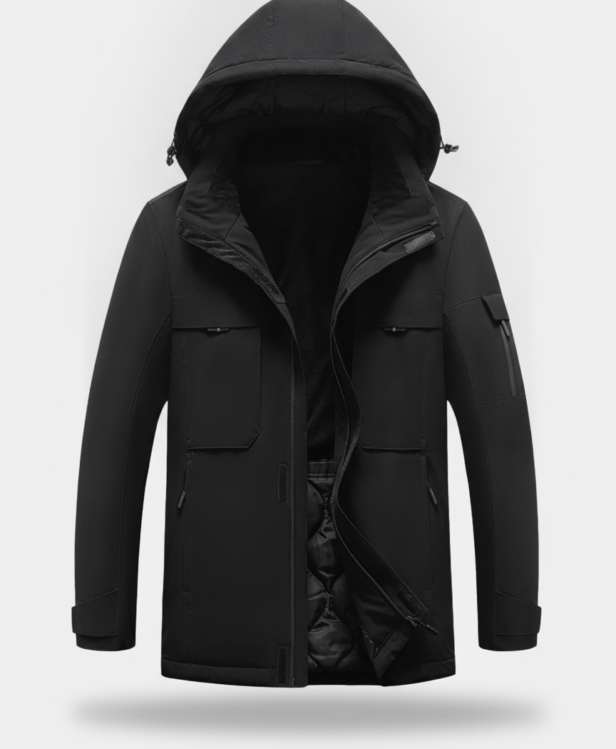 Black heated jacket with detachable hood, front chest pockets and sleeve zip pocket on a plain background