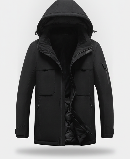 Black heated jacket with detachable hood, front chest pockets and sleeve zip pocket on a plain background