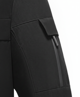 Close-up of the black jacket's high collar, lined interior, chest pocket zips and sleeve pocket