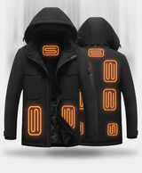 Black waterproof heated jacket for men showing hood, pockets and lined interior for the 9 heating zones