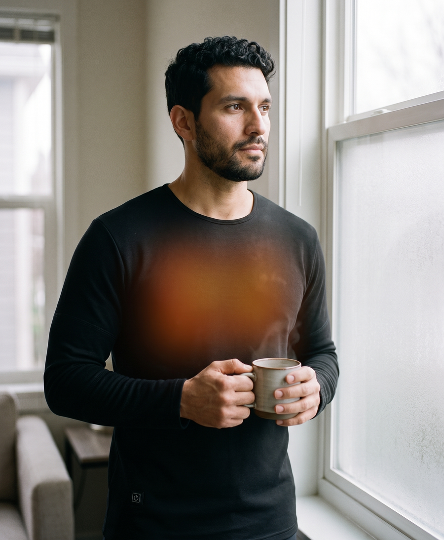 Men's black heated long johns top and pants with 22 heating zones highlighted on an icy winter background