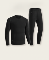 Black heated long johns set, crew-neck long-sleeve top and pants with power buttons, shown on a plain white background