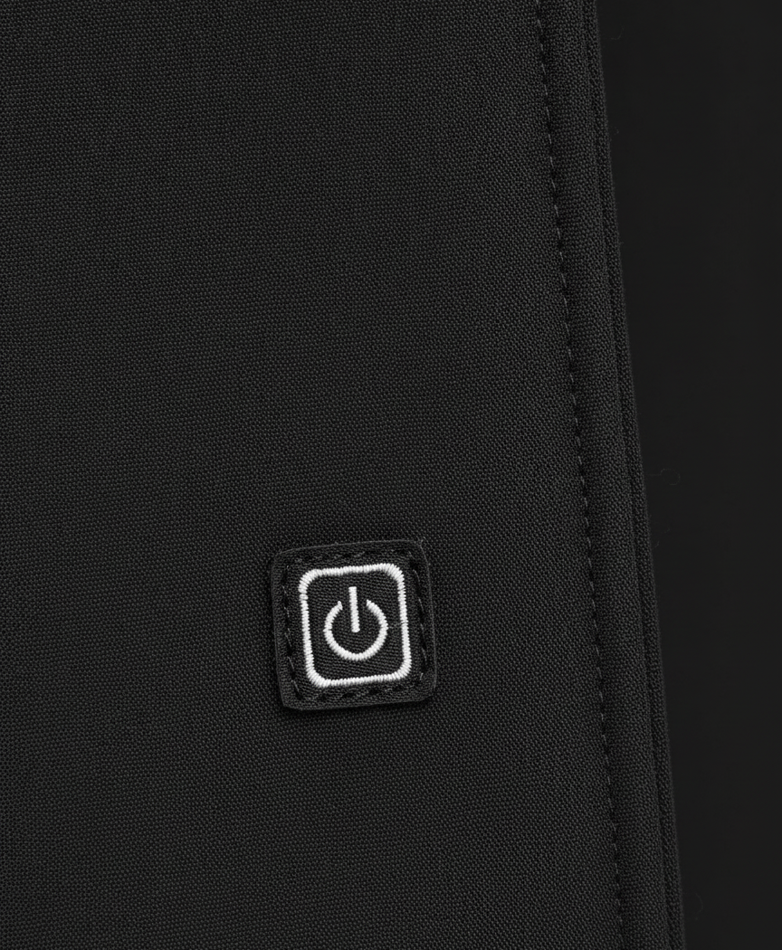 Close-up of the black thickened double-layer nylon fabric and plush inner lining on the heated long johns top collar