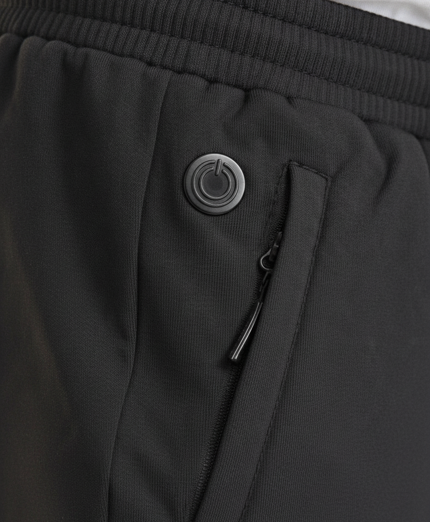 Close-up of black heated pants with elastic drawstring waistband and zippered side pocket