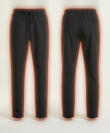 Heat-zone photo of black heated pants with glowing heating panels on the waist, thighs, knees and lower legs