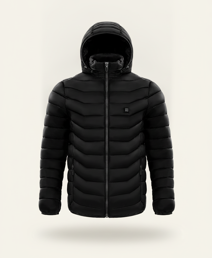 Black quilted heated puffer jacket with attached hood and front zip, shown on its own