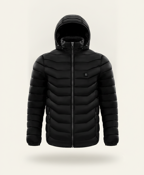 Black quilted heated puffer jacket with attached hood and front zip, shown on its own