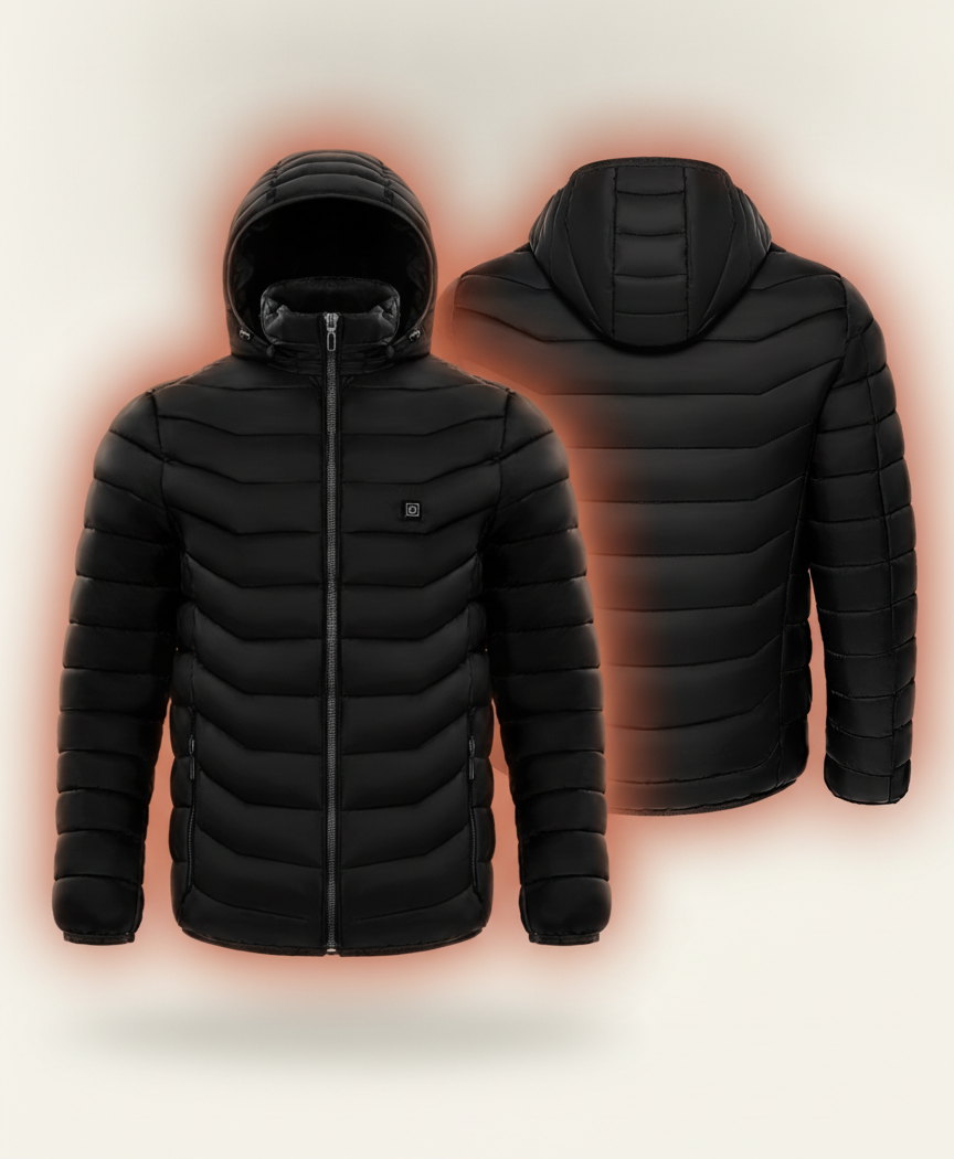 Front and back view of the black heated jacket with heating panels at the lower front, lower back and upper back