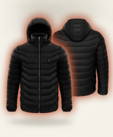Front and back view of the black heated jacket with heating panels at the lower front, lower back and upper back