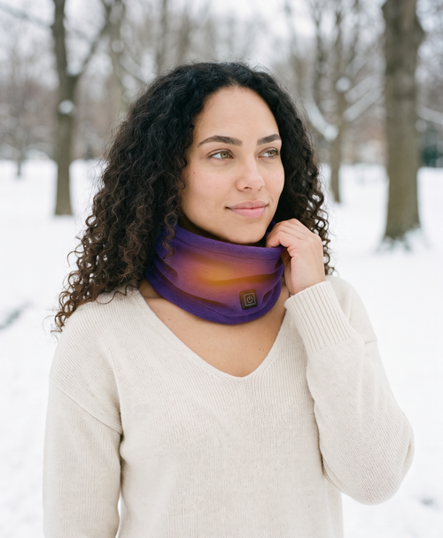 Purple fleece heated neck gaiter worn outdoors in a snowy mountain setting, lifestyle photo