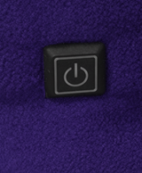 Close-up of the power button on the band of the purple fleece heated neck gaiter