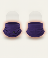 Purple heated neck gaiter with heating pattern glowing at the back of the neck and the three-level indicator lights