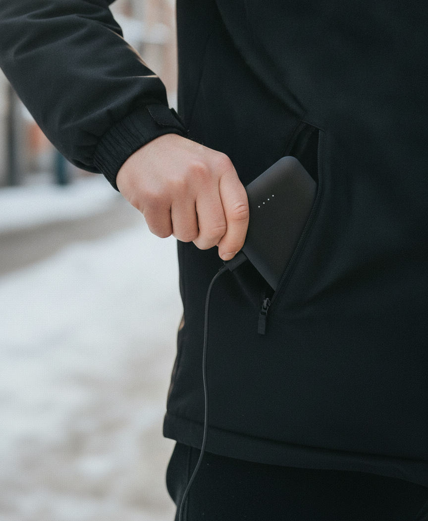 Slim power bank slipping into a heated jacket pocket